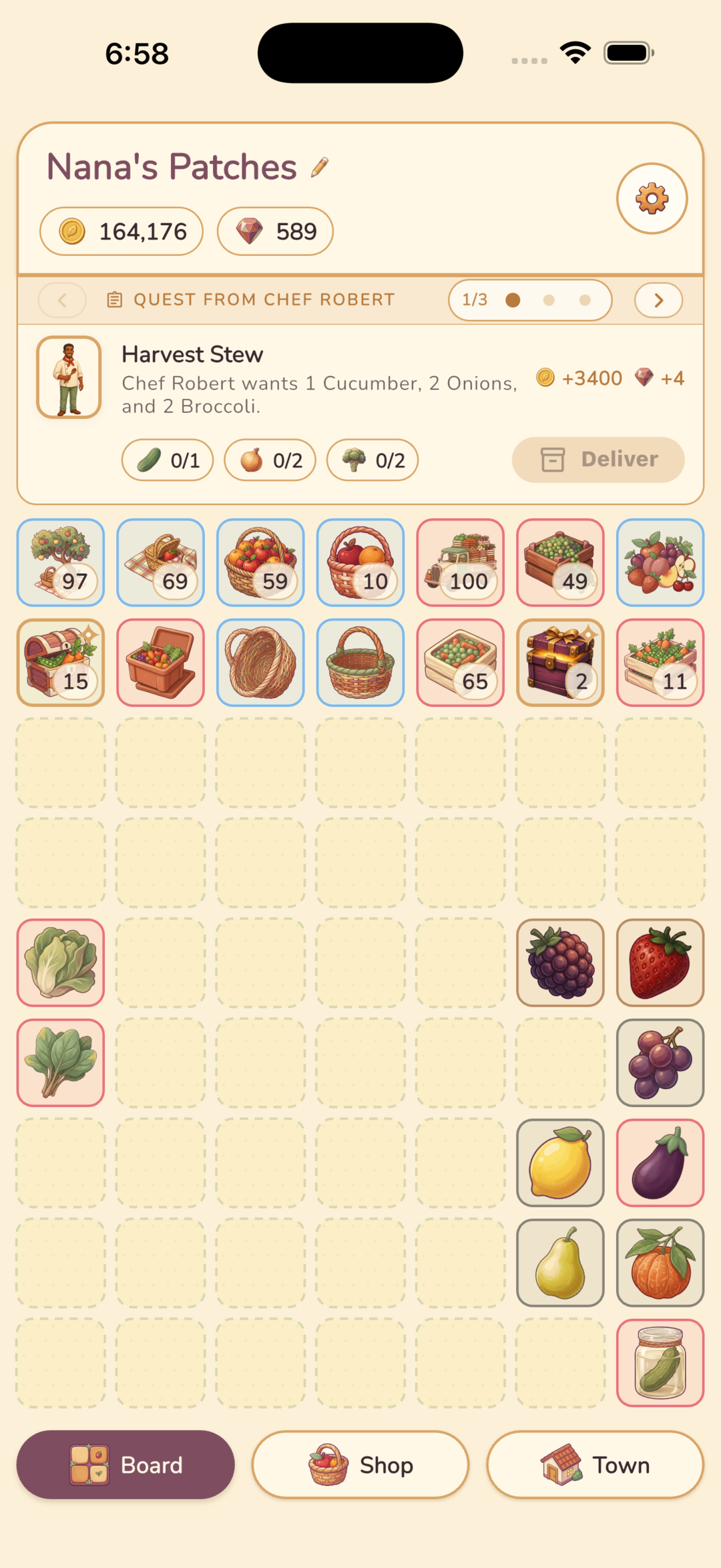 A late-game FoodieMerge board: a seven-column grid filled with fruit, vegetables, and generators, a quest from the townsfolk on the right, and coins and gems in the wallet up top.