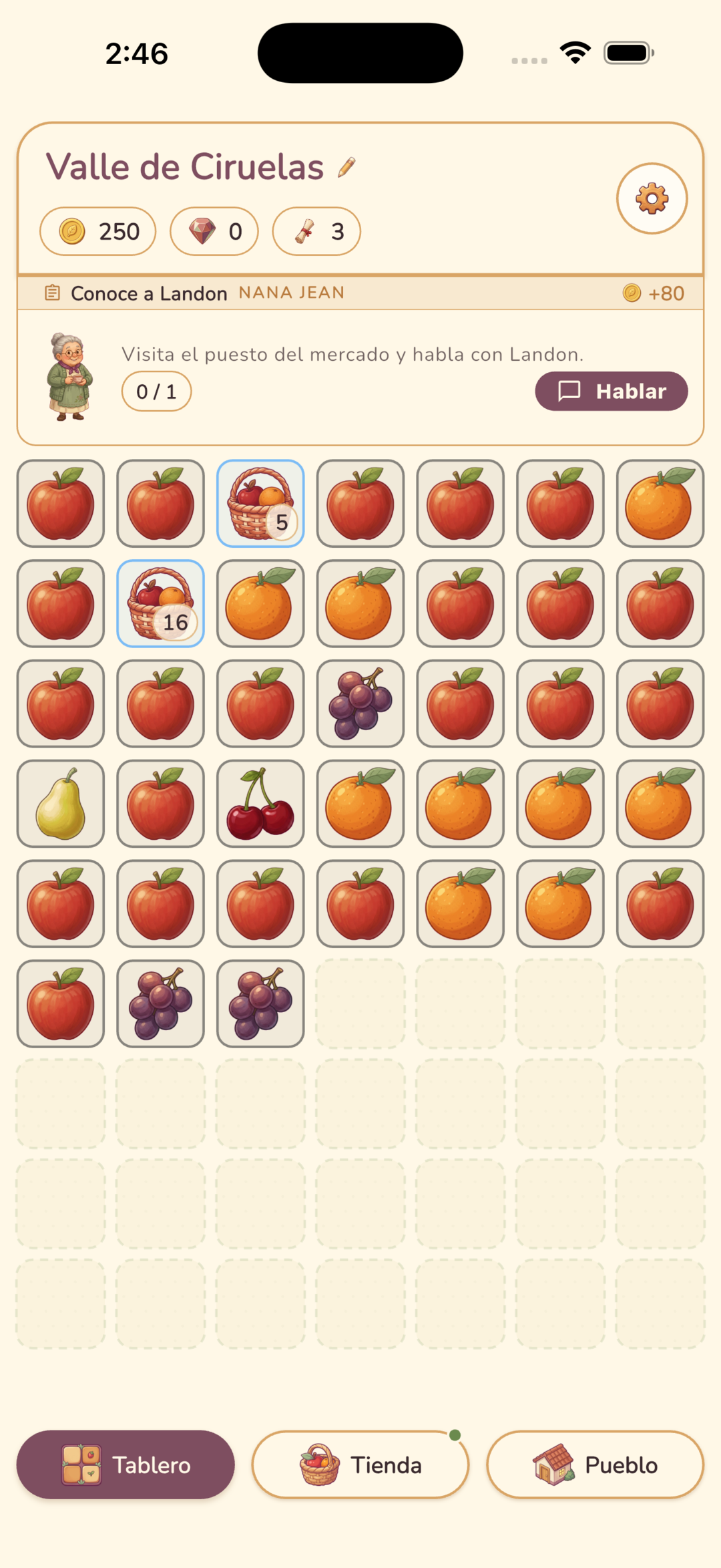 Un tablero de FoodieMerge ya avanzada la partida: una cuadrícula de siete columnas llena de fruta, verduras y generadores, un encargo de los habitantes a la derecha, y monedas y gemas en el monedero arriba.